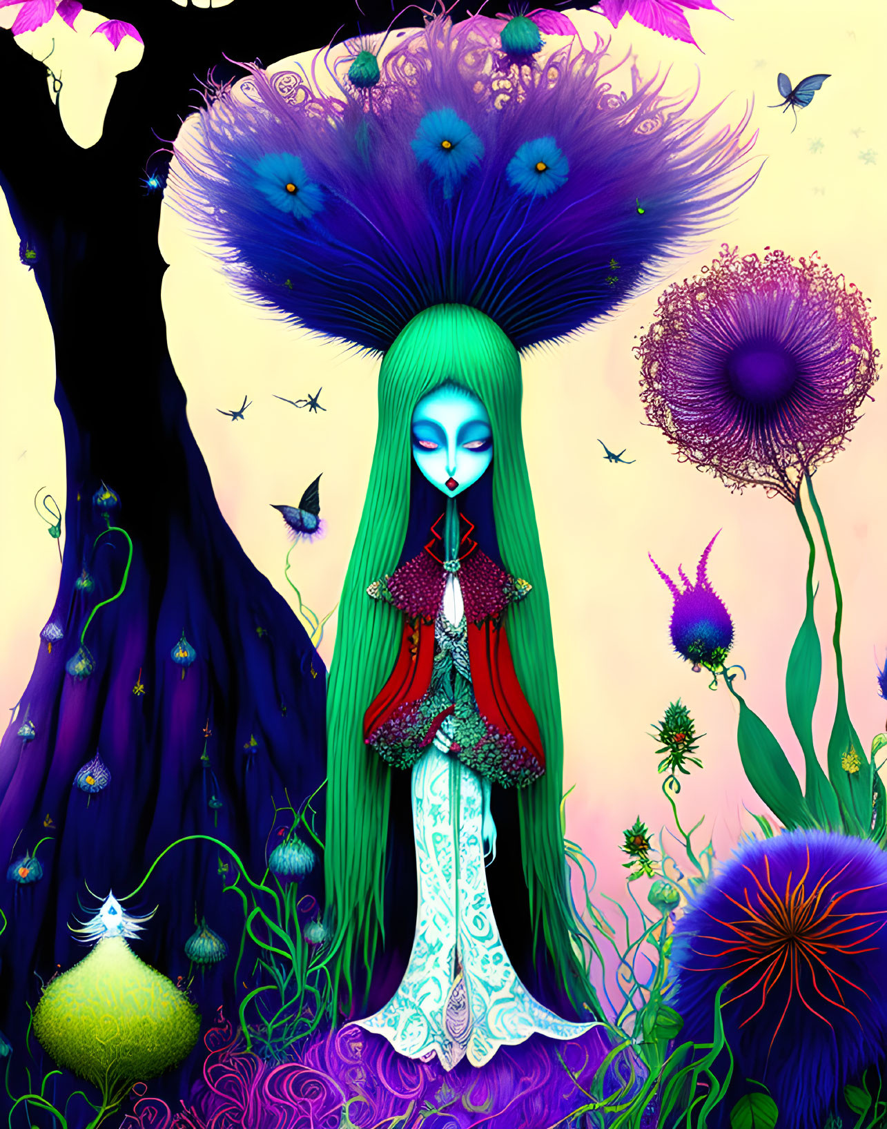 Colorful fantasy art: Peacock-haired figure with floral adornments, surrounded by whimsical flora and