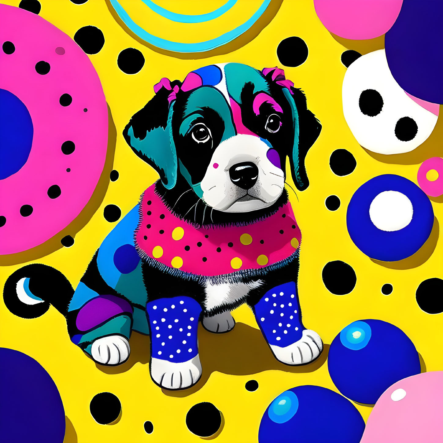 Colorful Puppy Illustration in Polka-Dotted Outfit with Doughnuts on Yellow Background