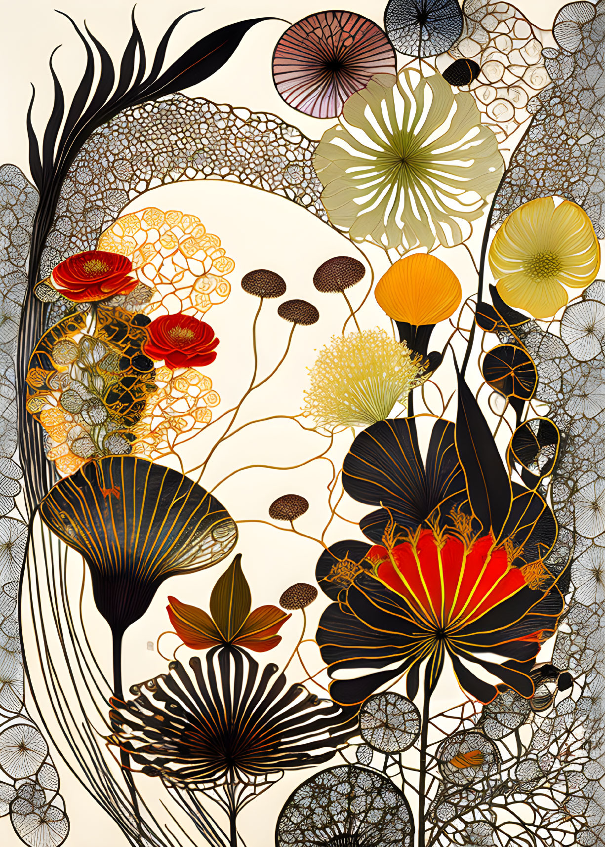 Botanical scene with stylized flowers in black, gold, and red on beige background