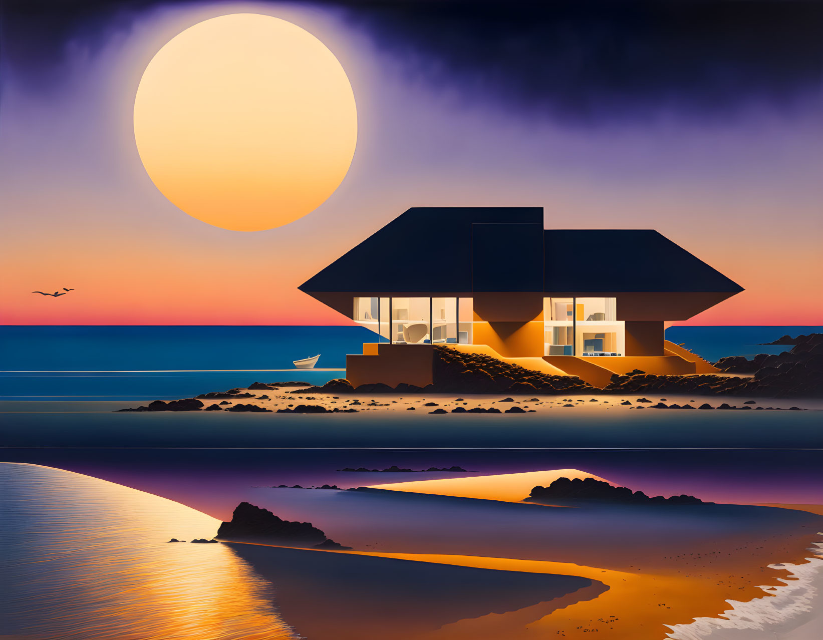 Modern House on Serene Beach at Sunset with Yellow Sun, Calm Sea, Rocks, and Birds