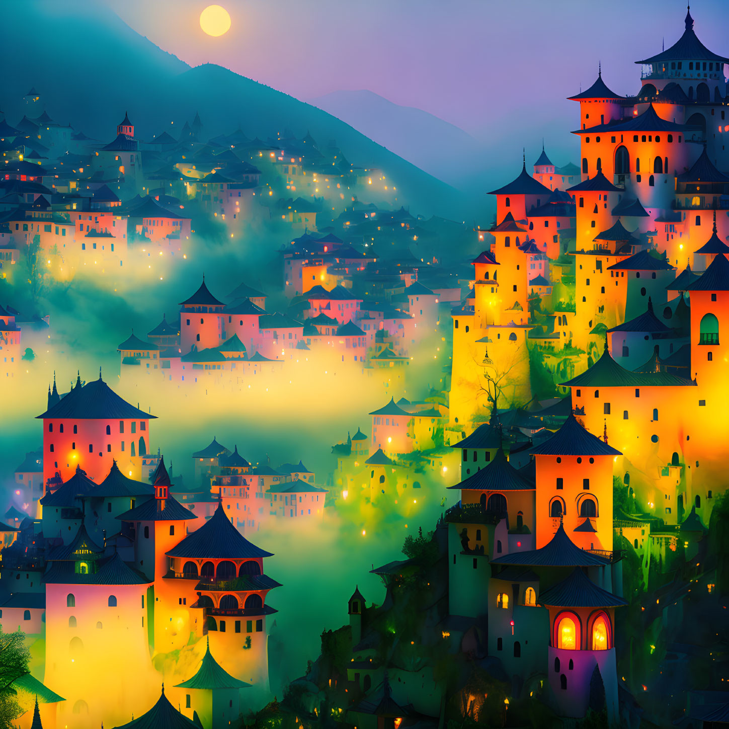 Vibrant cityscape with traditional buildings in foggy mountain sunset