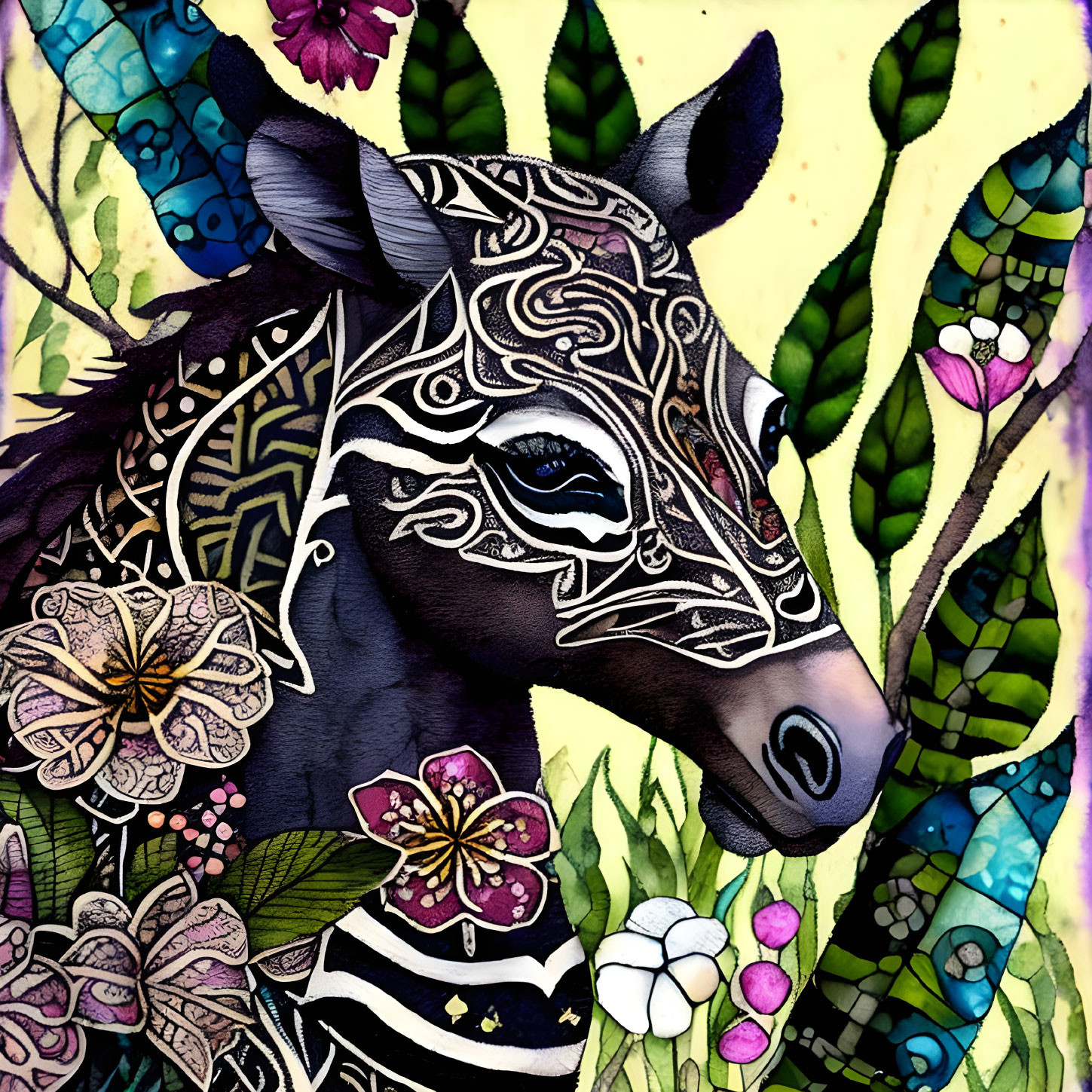 Zebra with intricate white patterns on colorful floral background