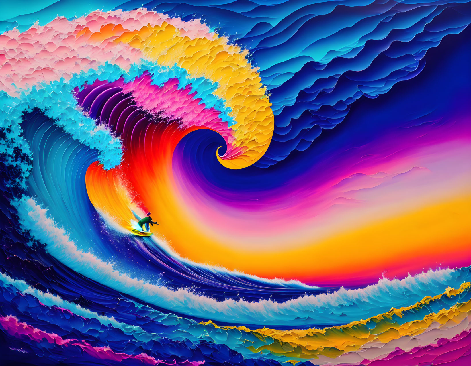 Colorful digital artwork of surfer riding giant wave in pink to blue gradient