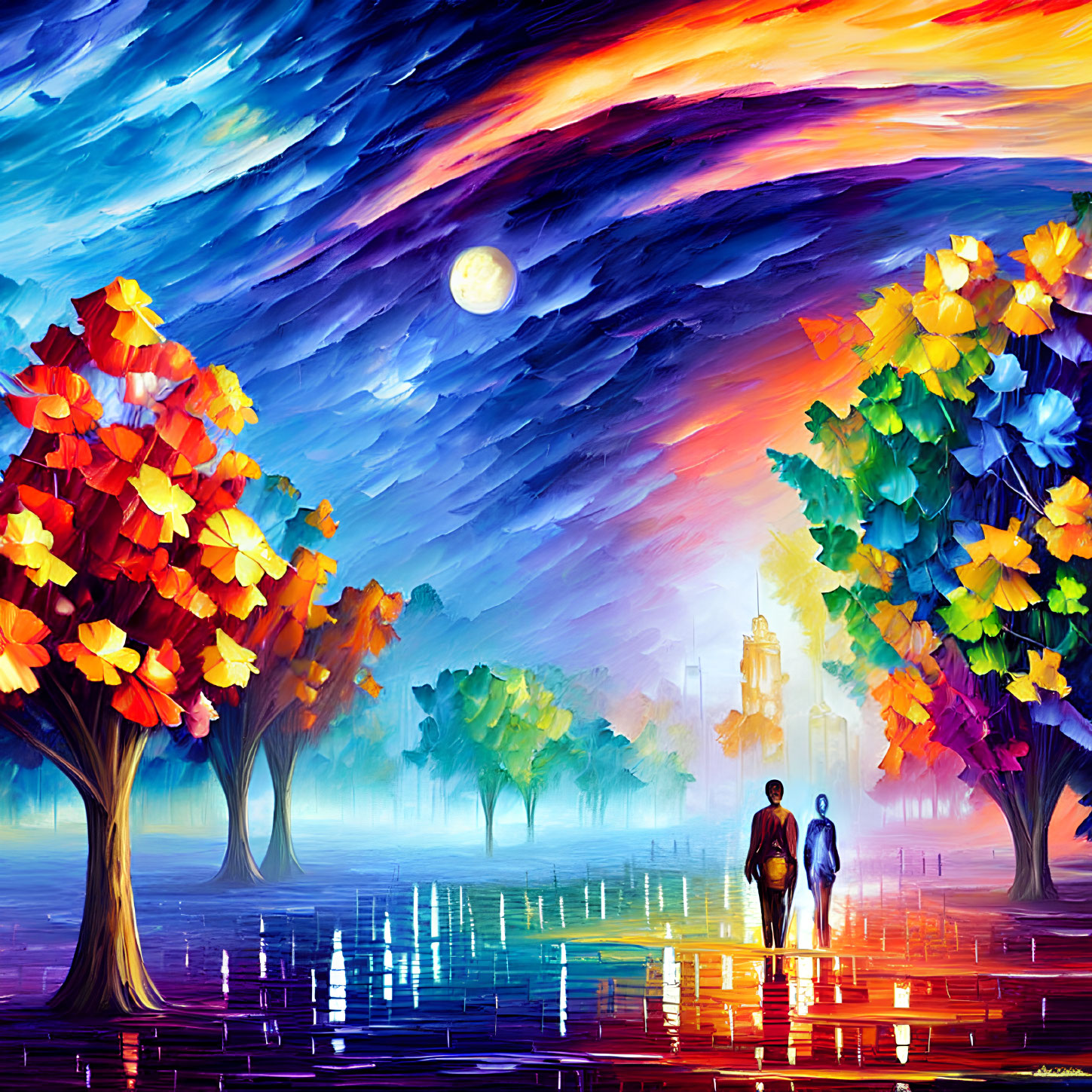 Vibrant painting of couple walking in colorful cityscape