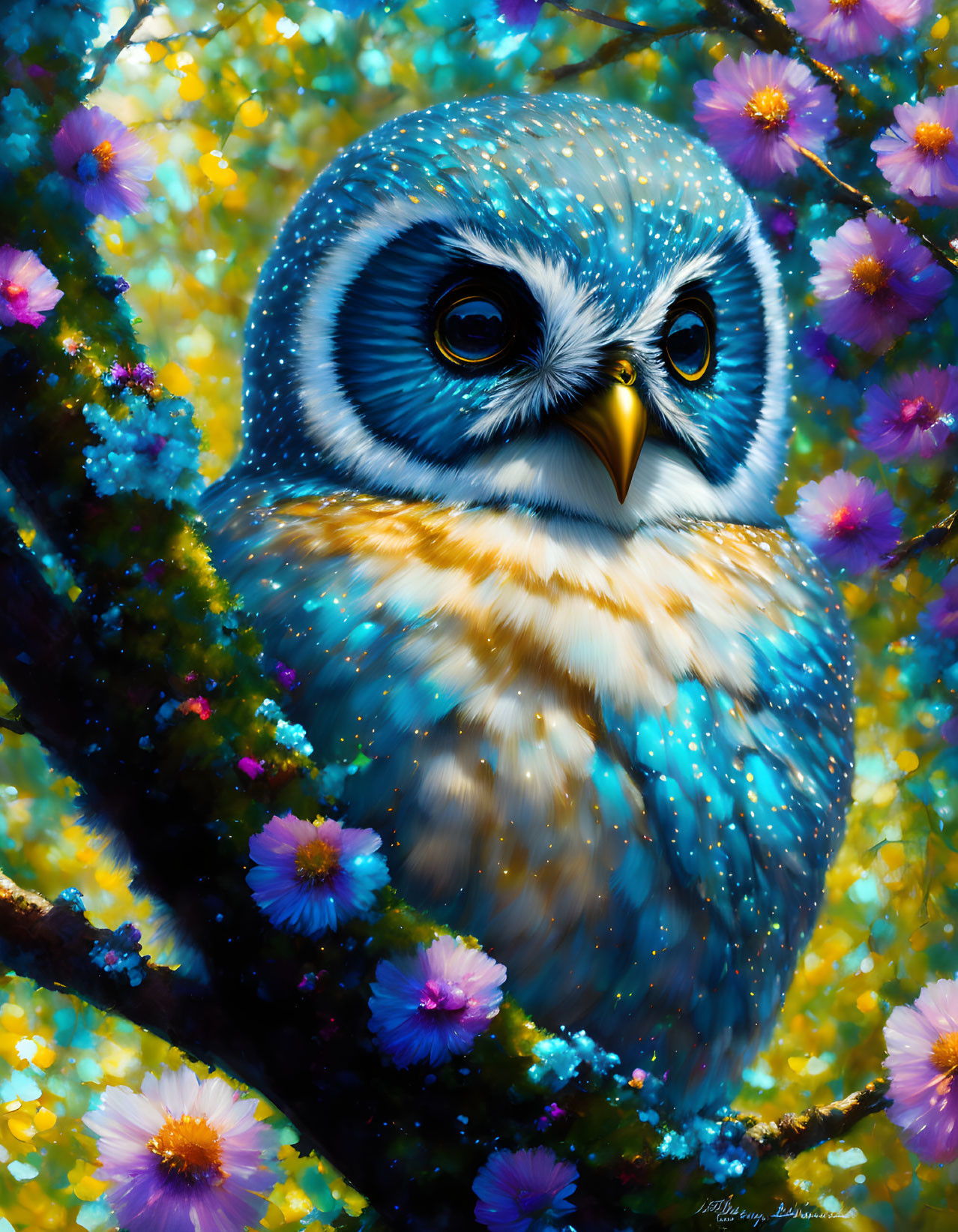 Stylized owl on branch surrounded by flowers in vibrant illustration