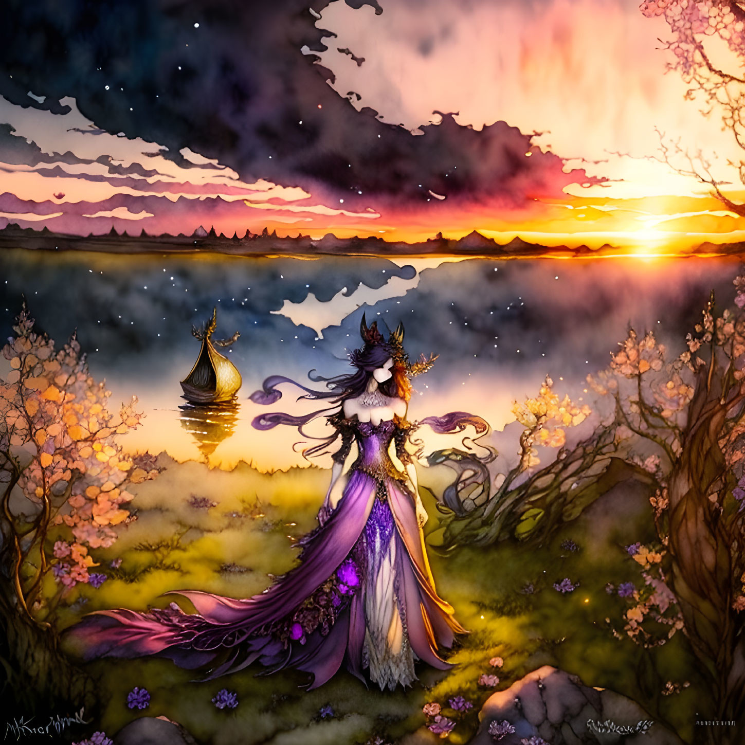 Masked Figure in Elegant Attire by Blossoming Lake at Sunset