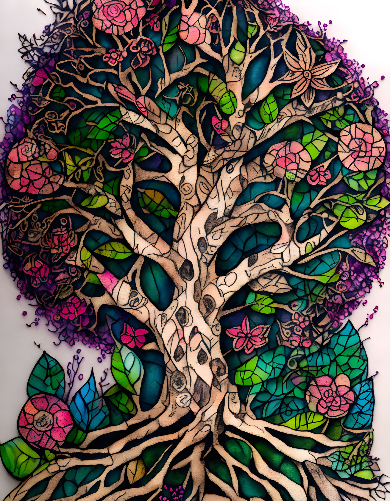 Colorful Tree Stained Glass Artwork on White Background