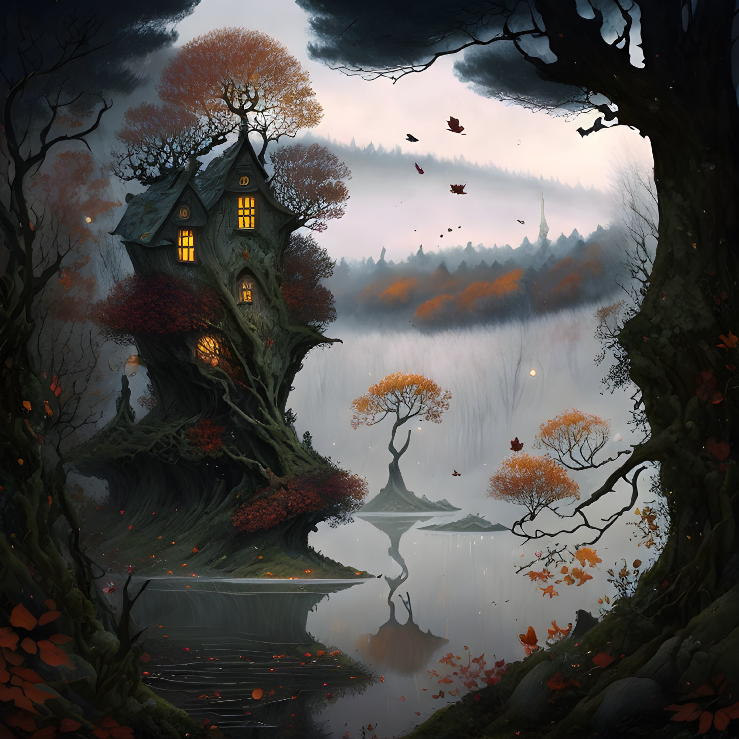 Enchanting autumn forest with crooked illuminated house, fog, lake, red leaves & birds.