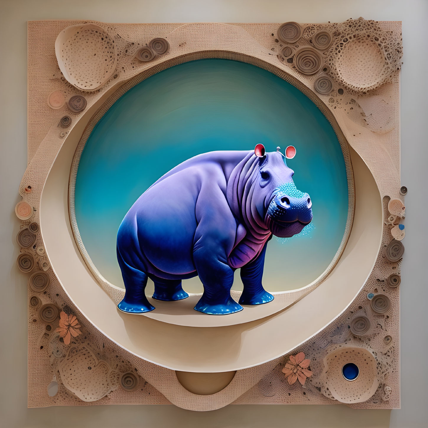 Vibrant stylized hippopotamus in circular frame with abstract patterns