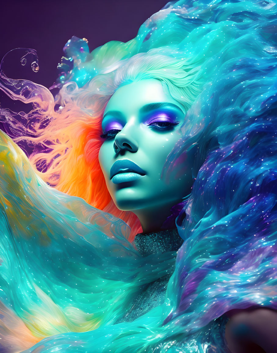 Colorful Artwork: Woman with Blue Skin and Multicolored Hair