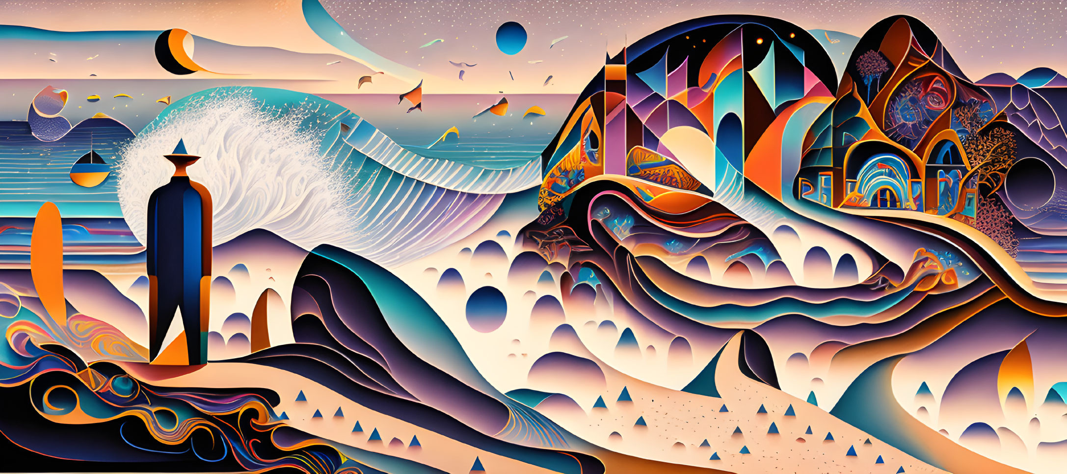 Surreal landscape with undulating shapes and hot air balloons