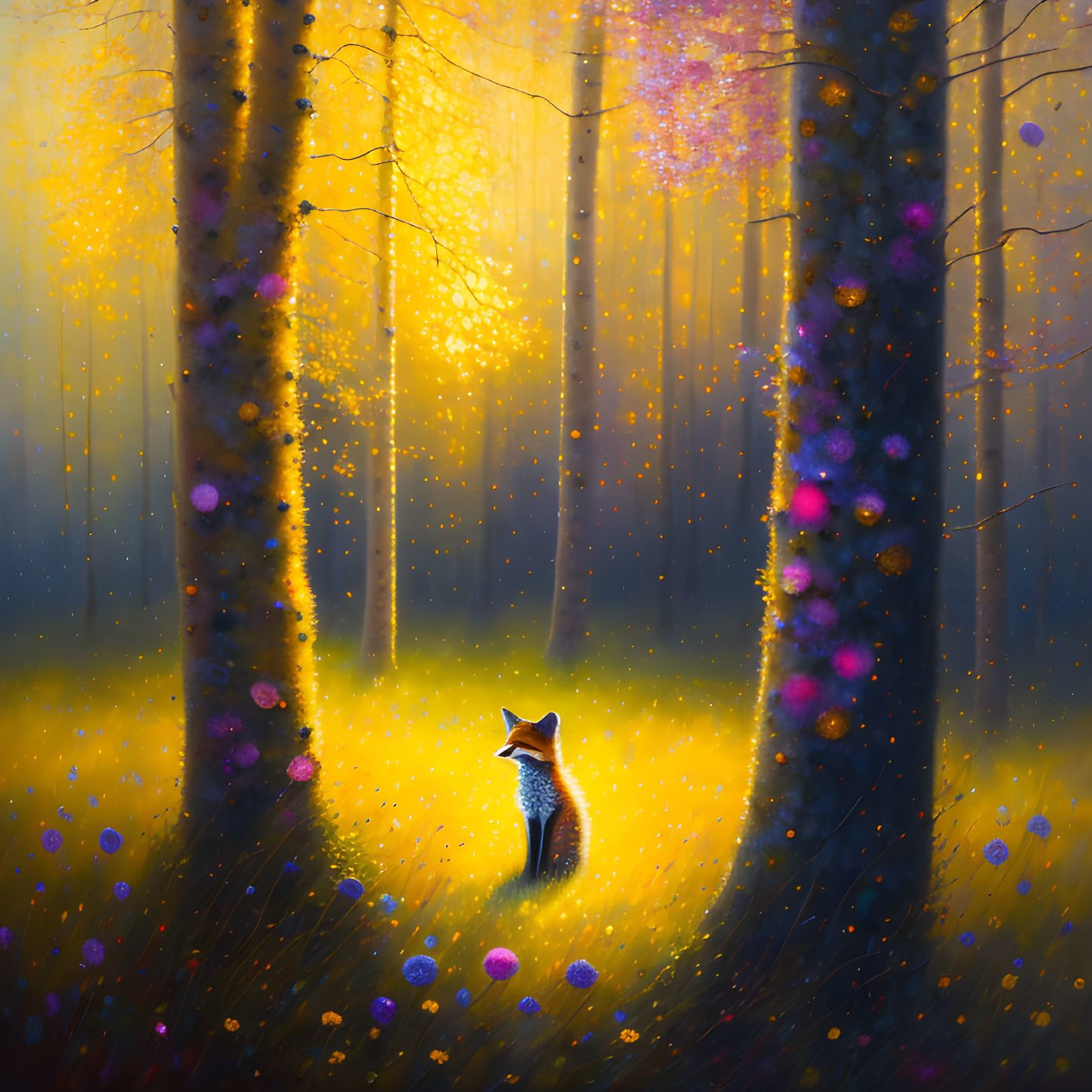 Fox in enchanted forest with glowing orbs and flowers