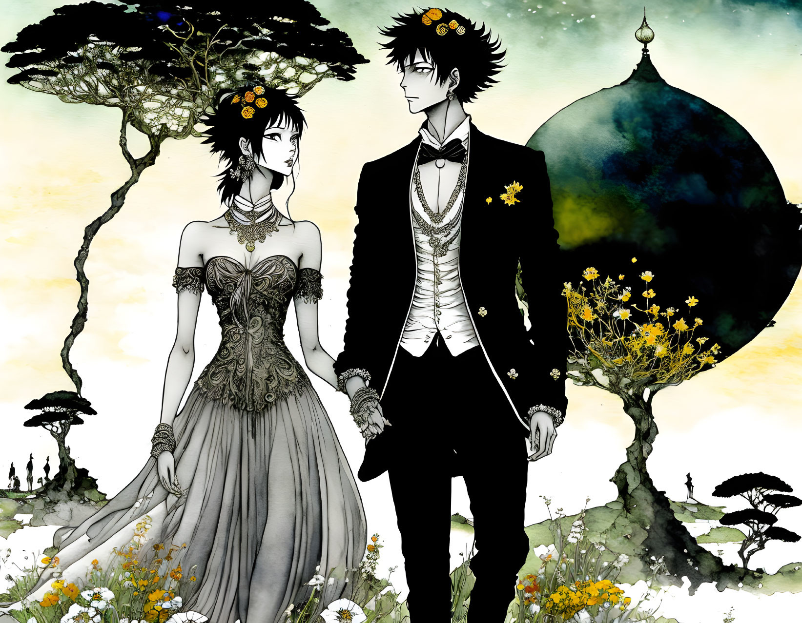 Illustrated couple in formal attire with whimsical backdrop featuring tree, flowers, and moon