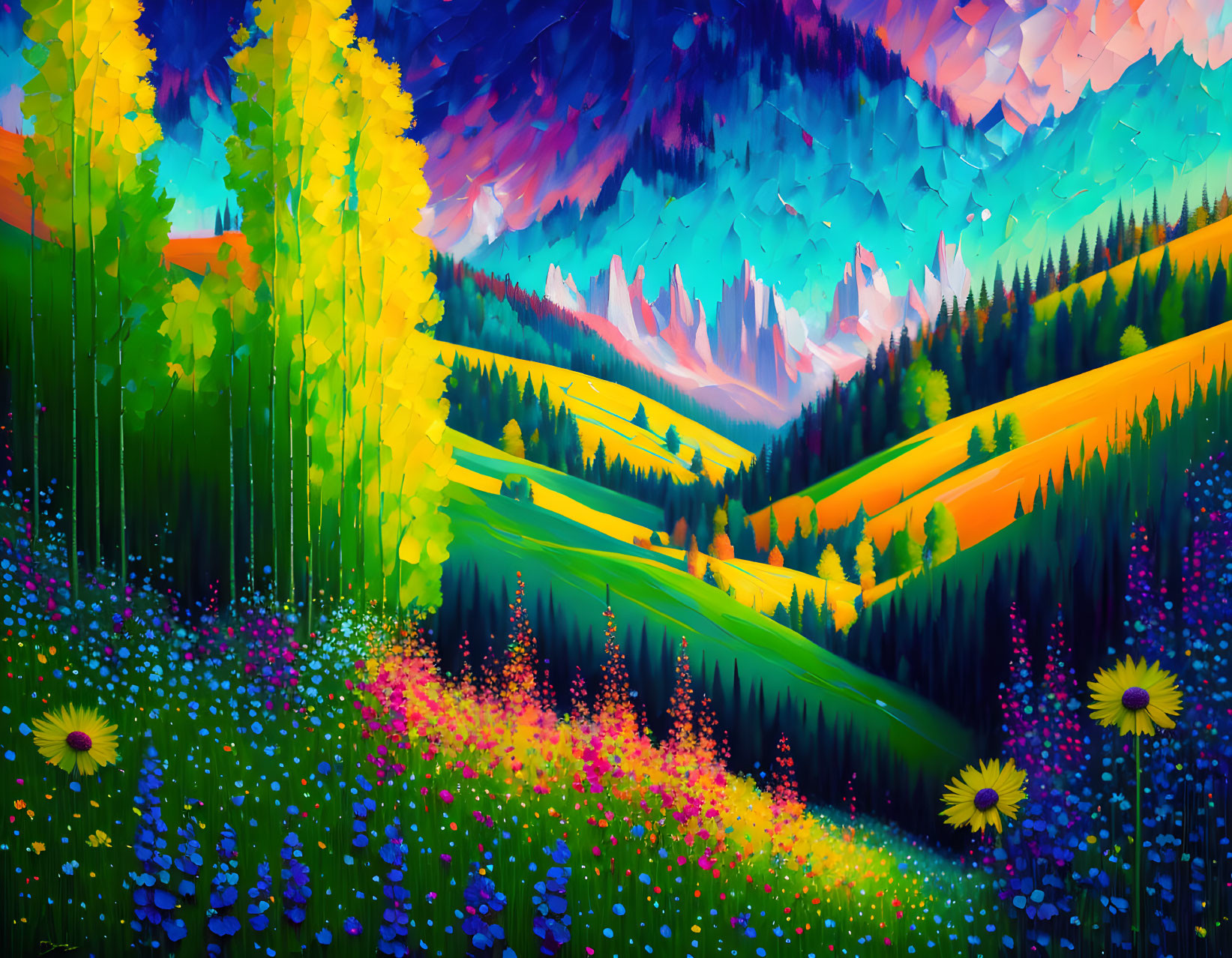 Colorful Landscape Painting with Flowers, Hills, and Mountains