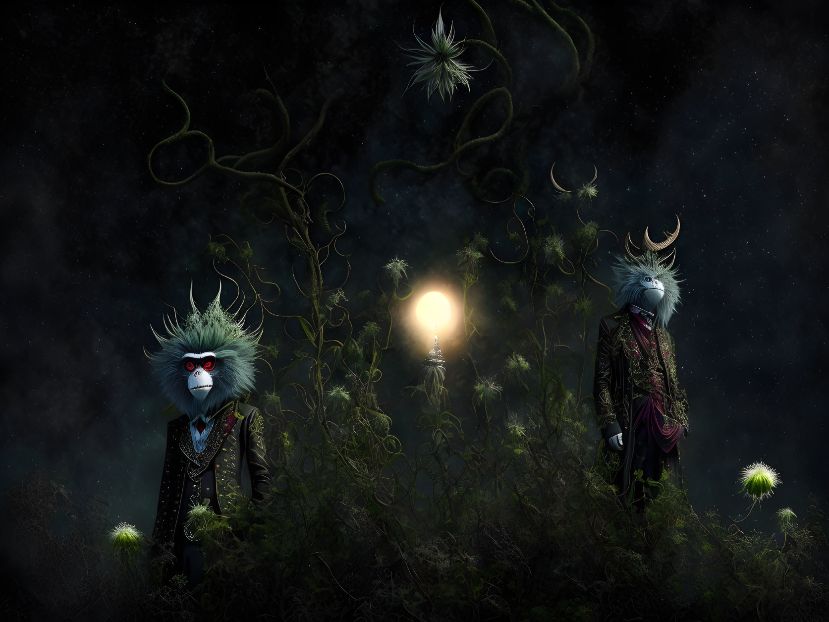 Stylized anthropomorphic birds in elegant attire under night sky with moon.