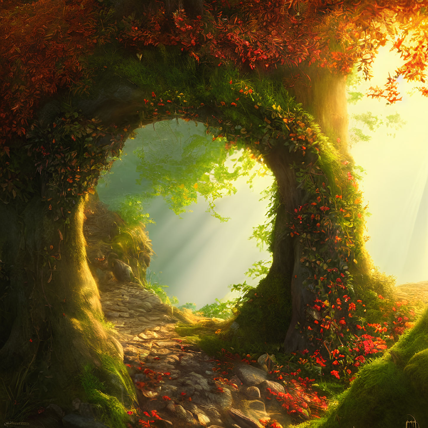 Sunlit Archway Over Magical Forest Path with Red Foliage