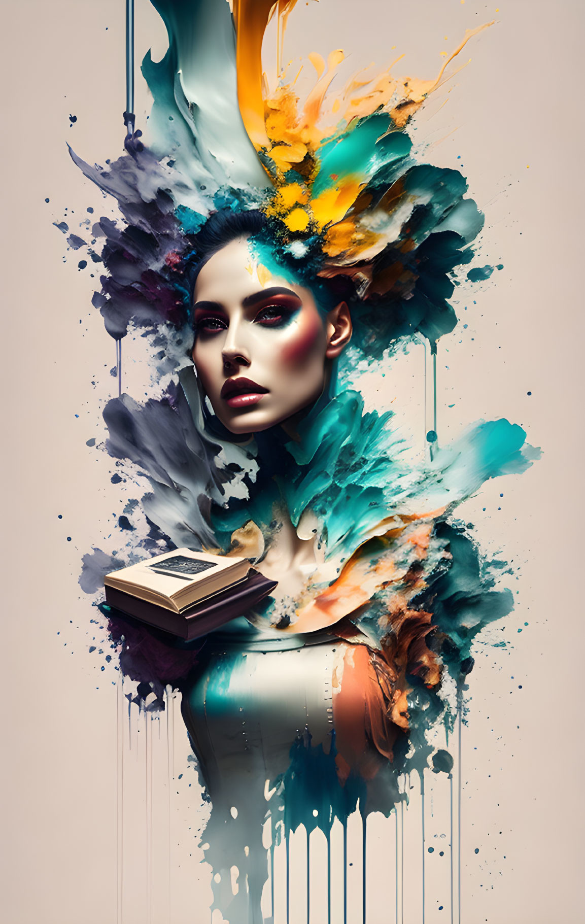 Colorful Paint Splatter Portrait of Woman in Surreal Style