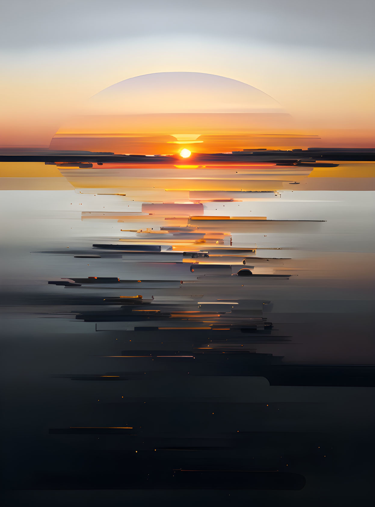 Tranquil sunset over calm waters with pixelated effect