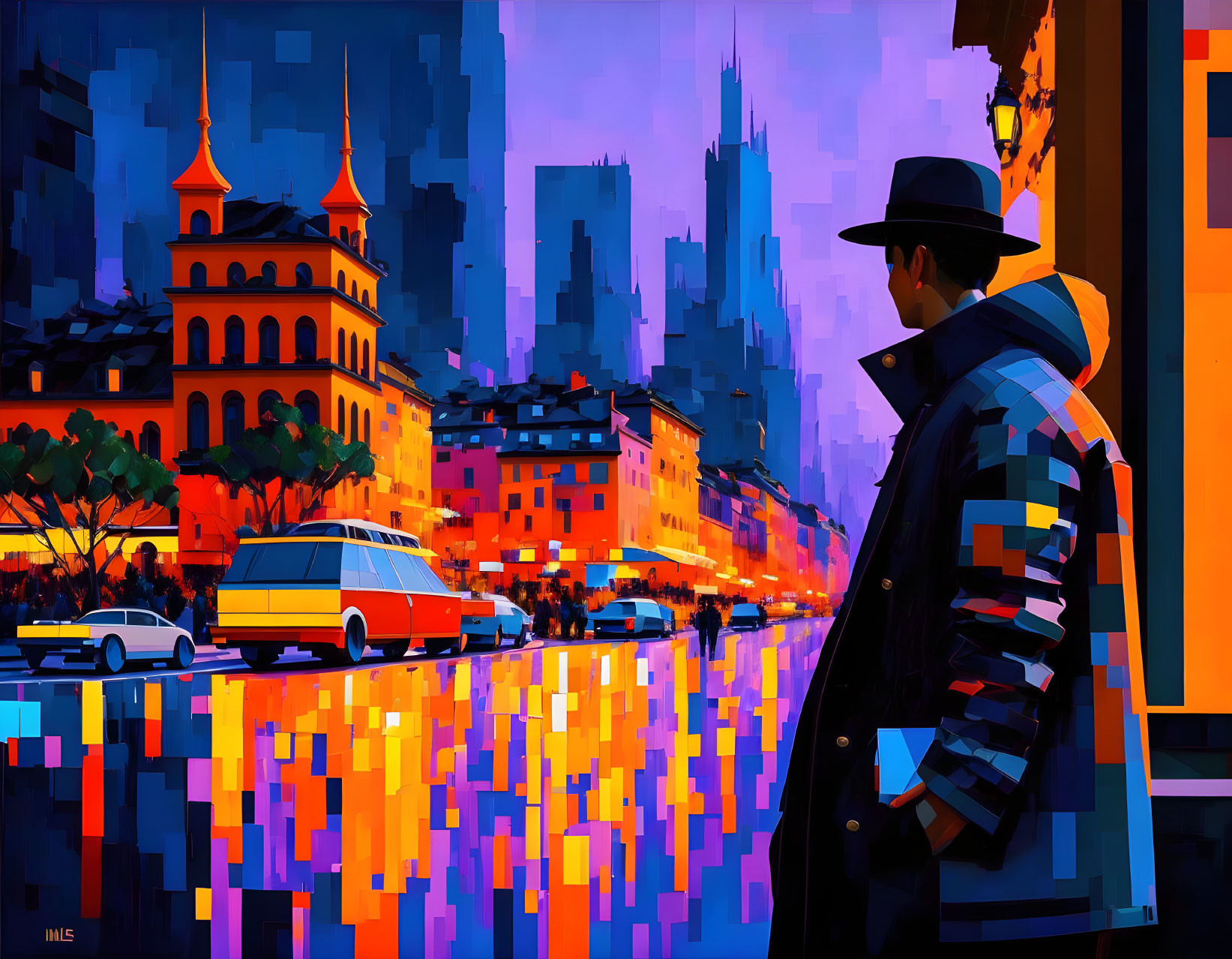 Colorful city street at dusk with man in hat - digital painting