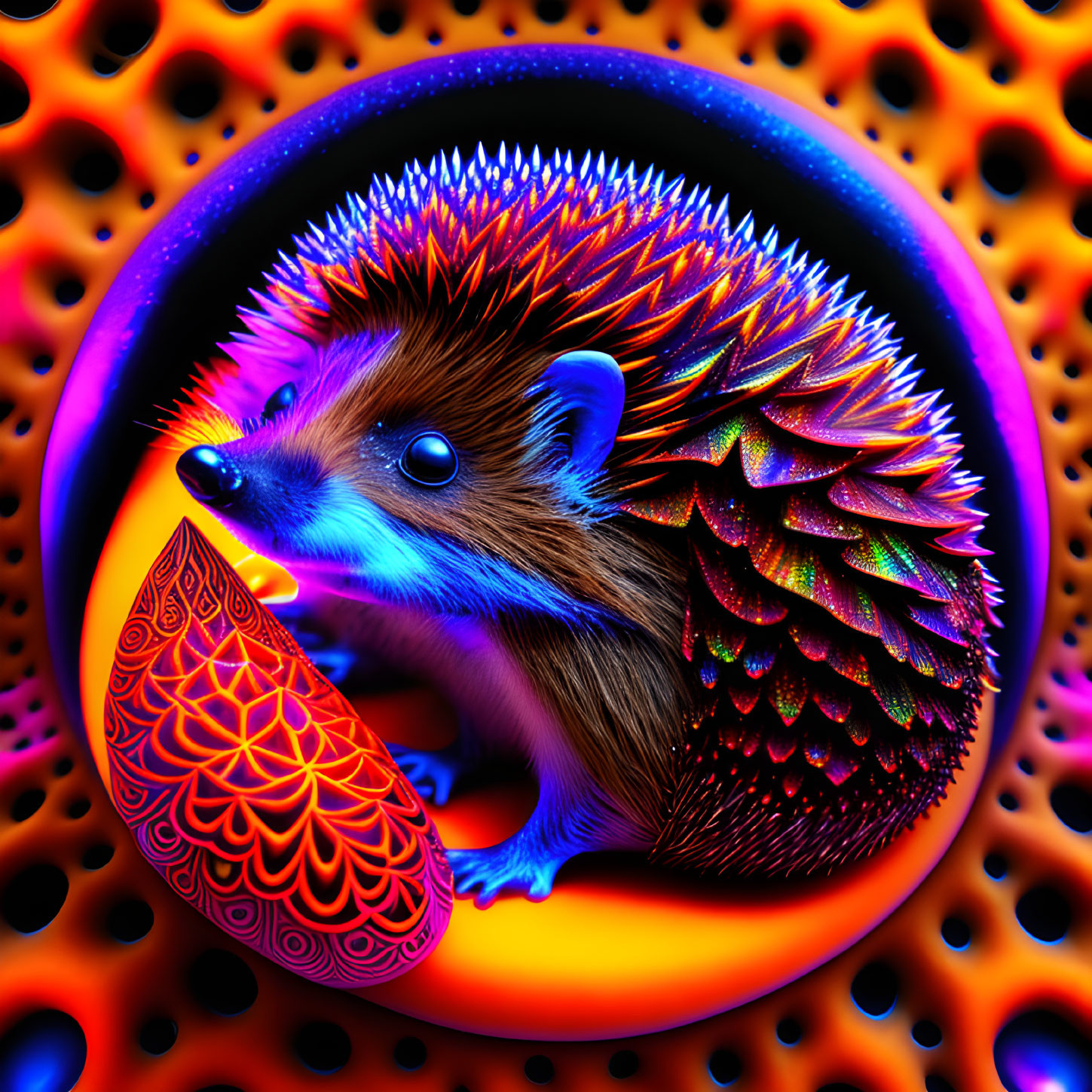 Colorful Psychedelic Hedgehog Art in Circular Frame