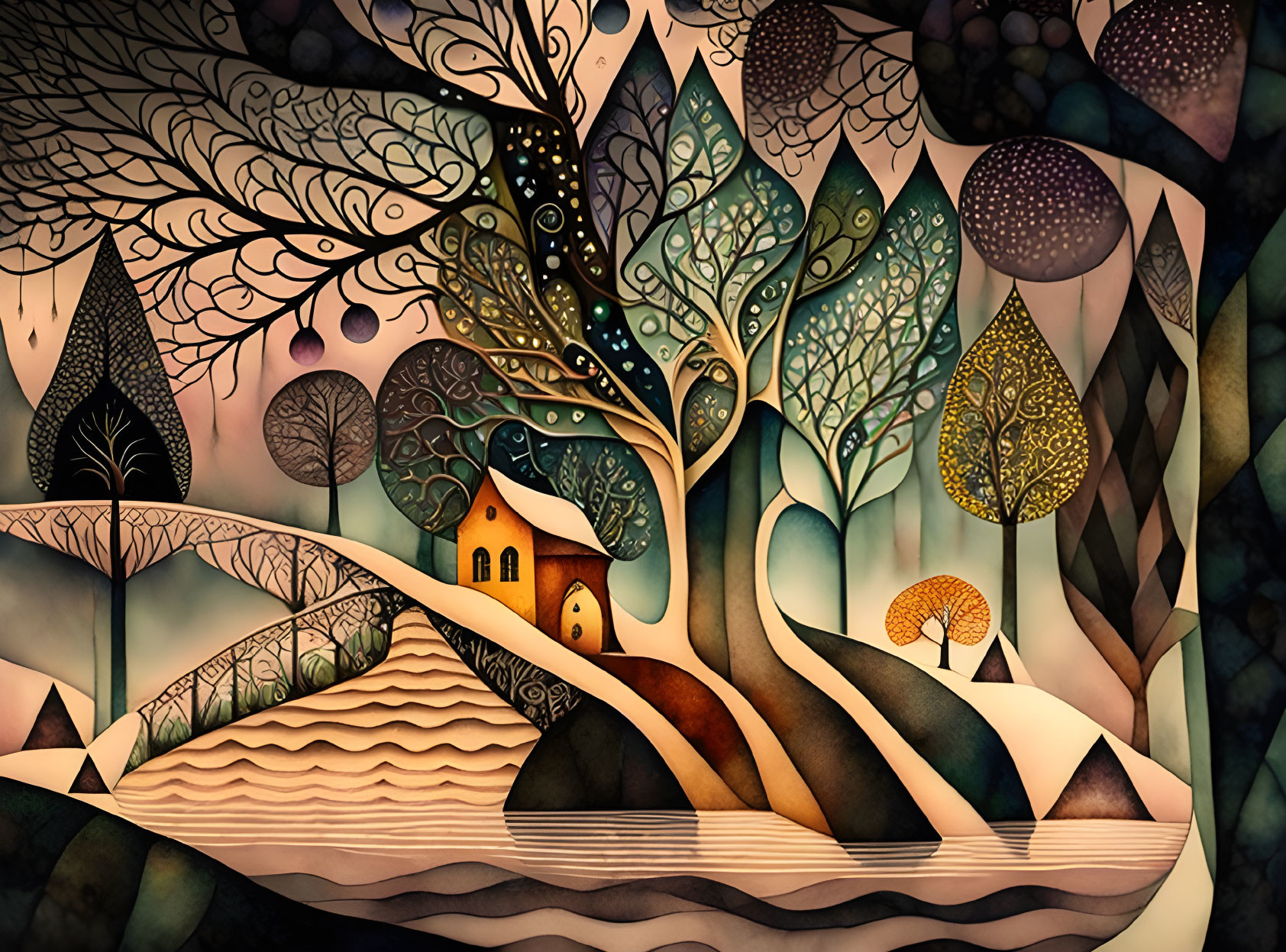 Enchanted forest illustration with stylized trees and house in earthy tones