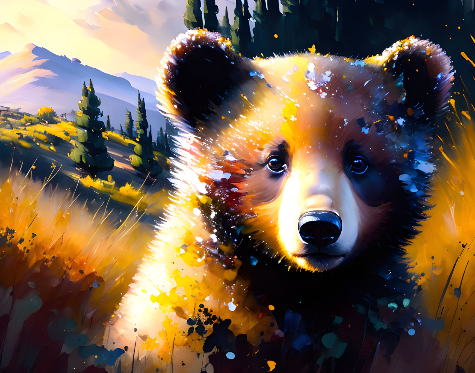 Vibrant Bear Cub Face Artwork in Nature Theme