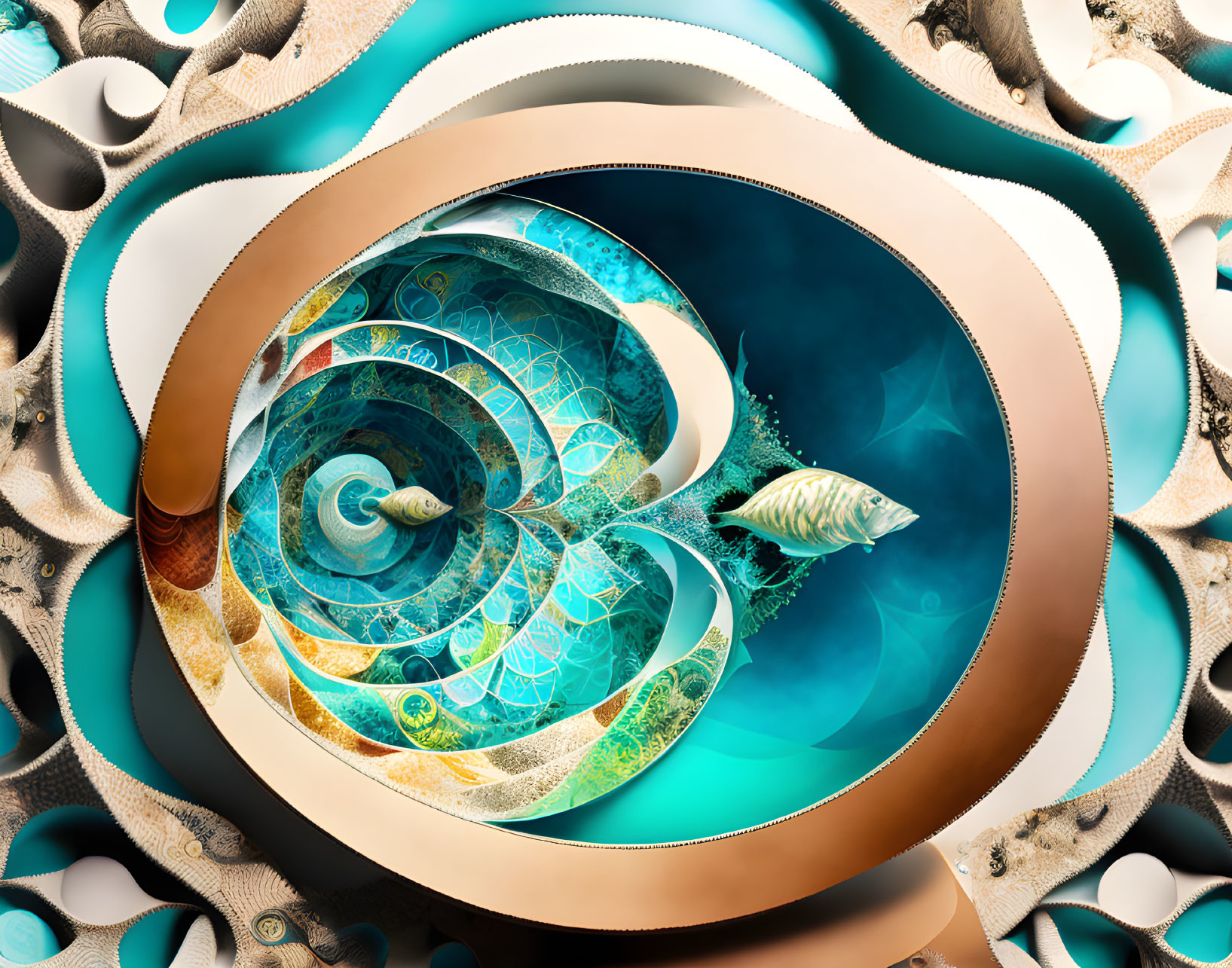 Abstract fractal design with sea-inspired elements and fish in blue, brown, cream