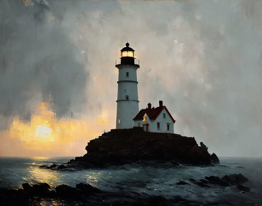 Rocky promontory lighthouse in stormy twilight with glowing beacon