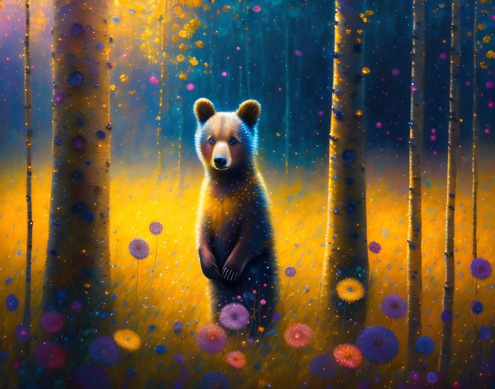 Bear cub in vibrant mystical forest with glowing flowers & light rays.