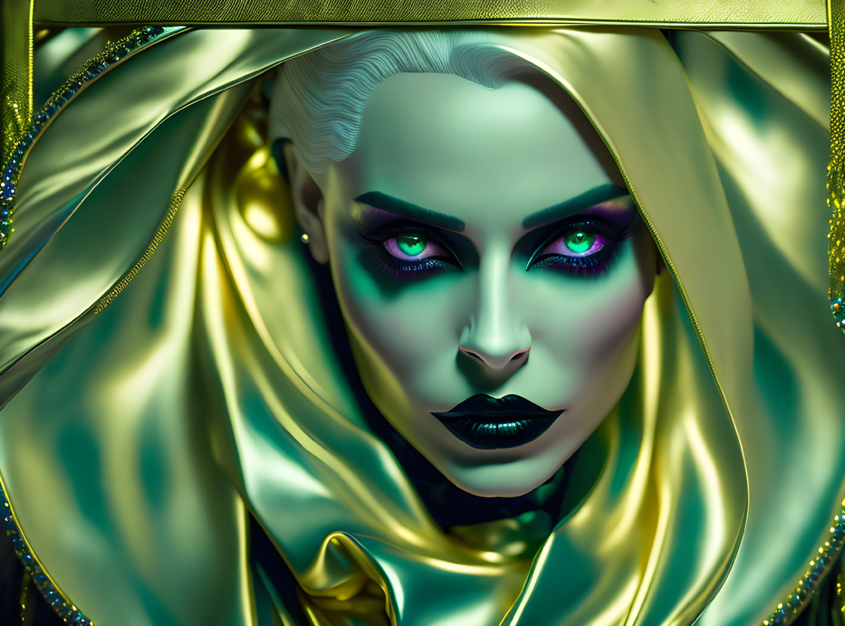 Digital artwork featuring person with pale skin, striking green eyes, and golden attire.