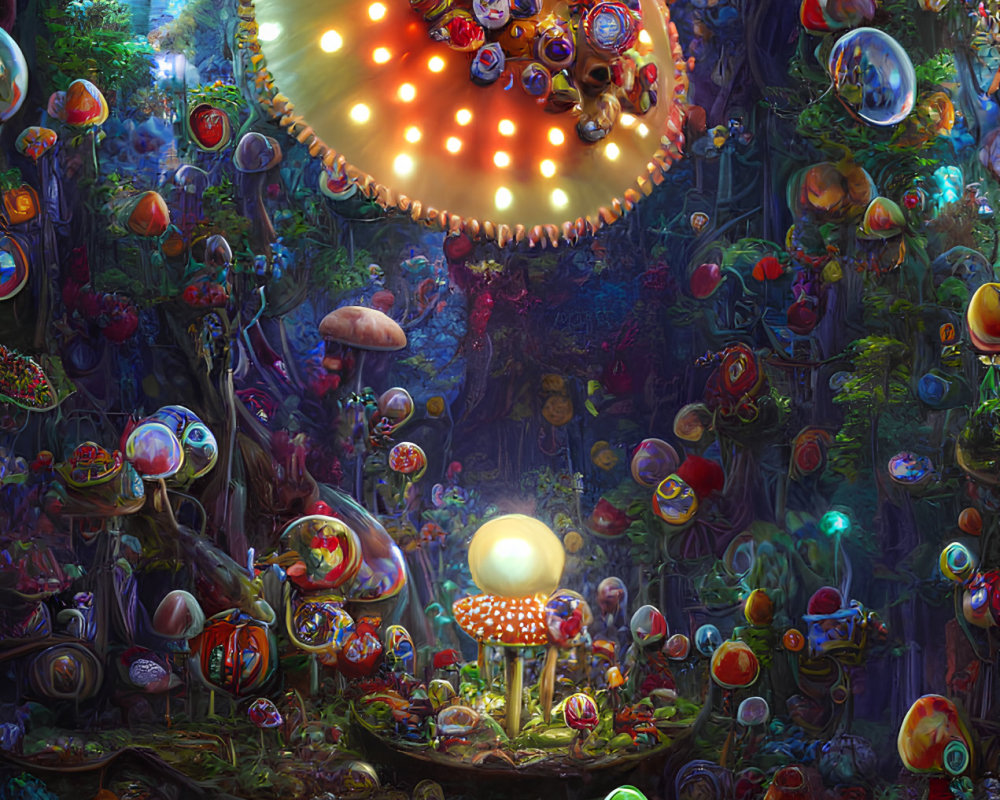 Fantastical scene with luminescent mushrooms and colorful flora in mystical forest.