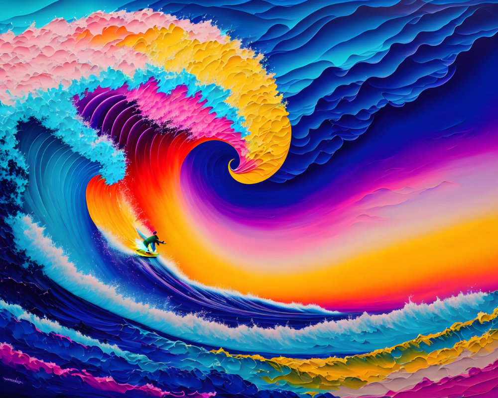 Colorful digital artwork of surfer riding giant wave in pink to blue gradient