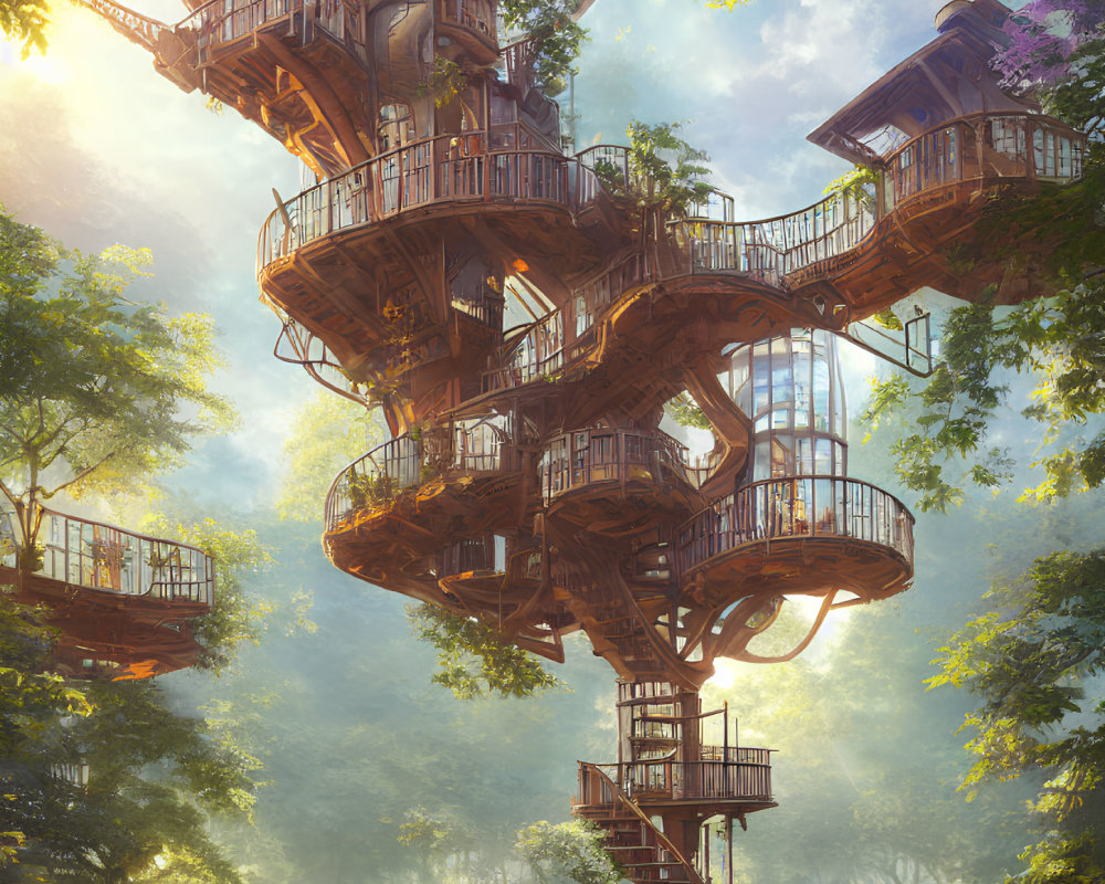 Multi-level treehouse surrounded by lush foliage and sunlight.