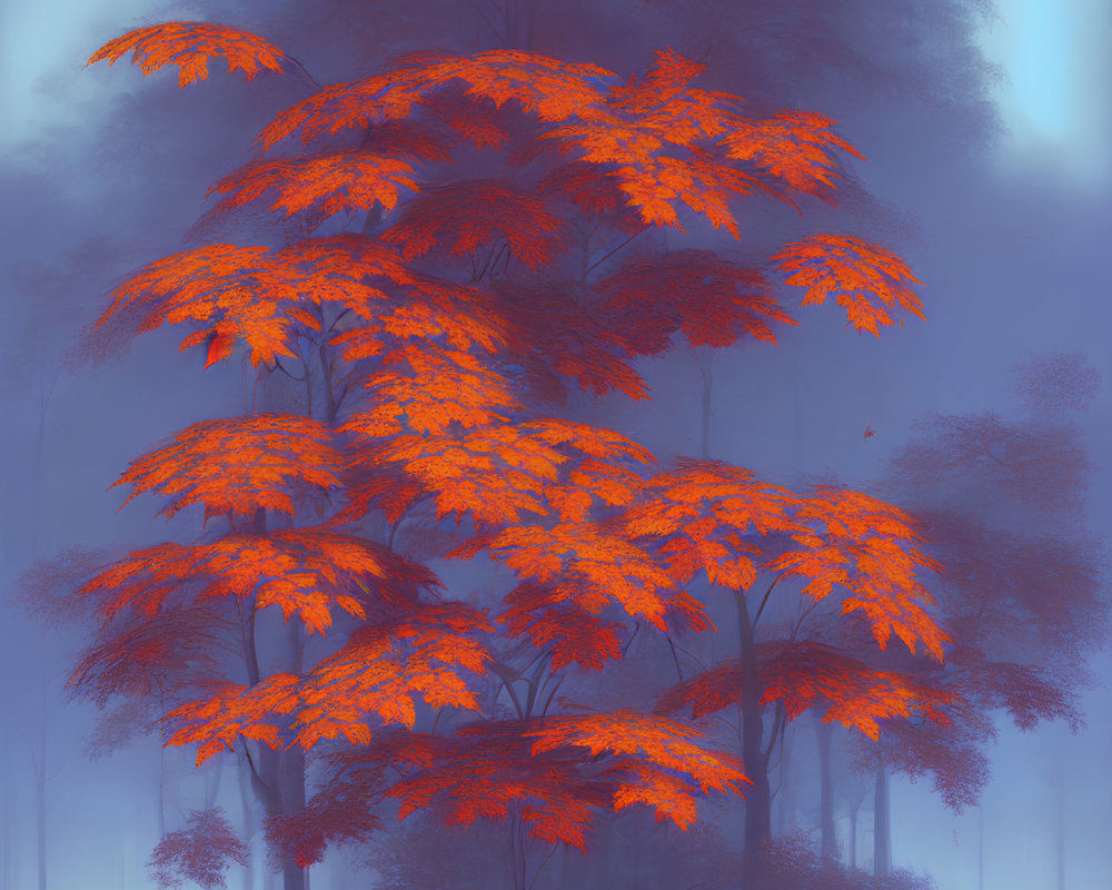 Mystical blue forest with vivid orange-leaved tree