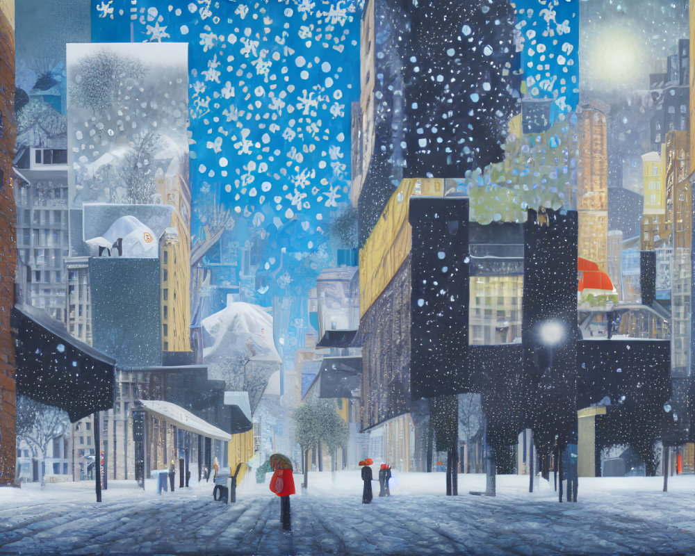 Snowy urban night scene with pedestrians and city lights