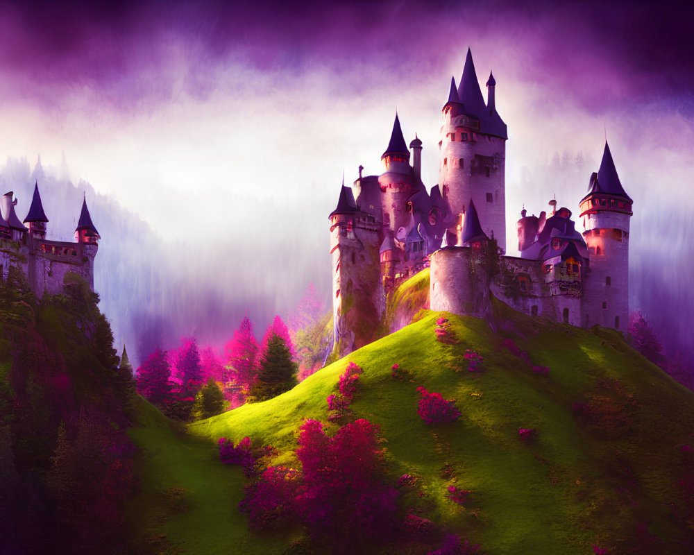 Majestic castle on hill in fantasy landscape with lush greenery and pink foliage under purple sky