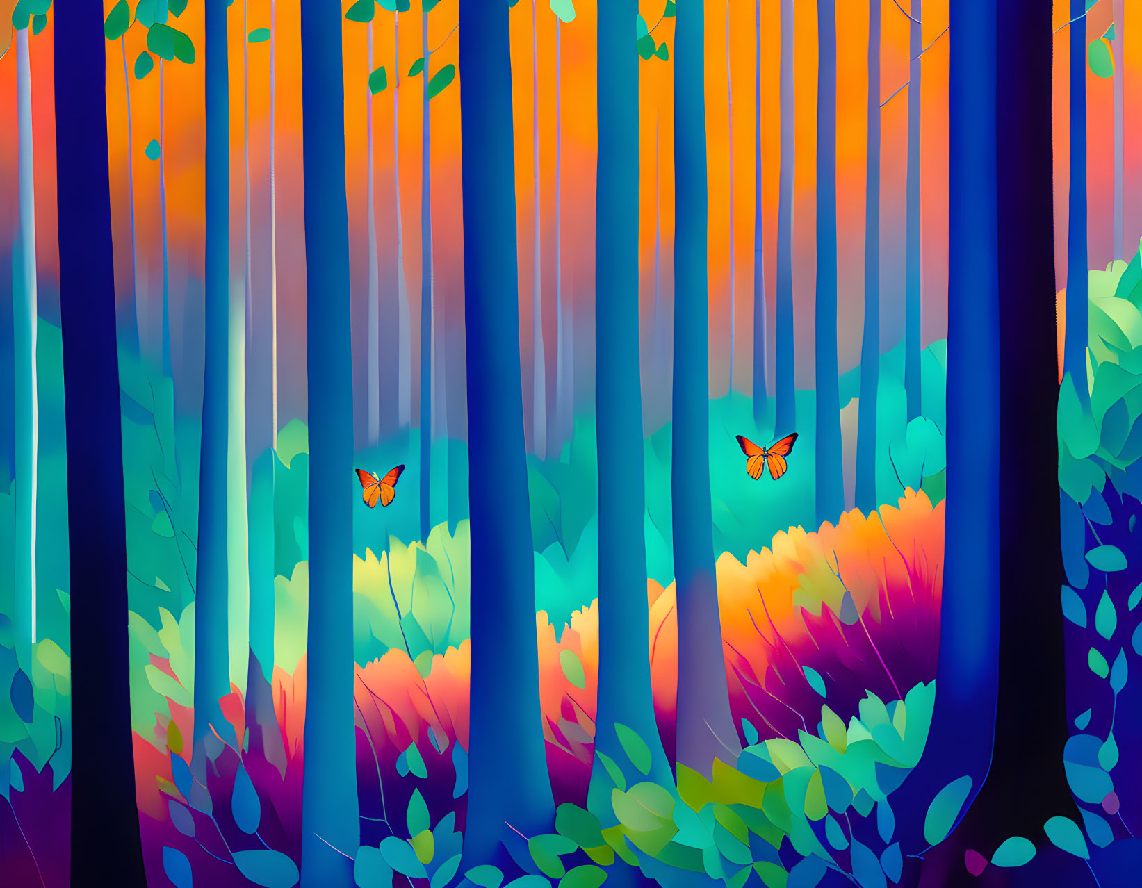 Colorful Forest Illustration with Trees, Butterflies, and Lush Foliage