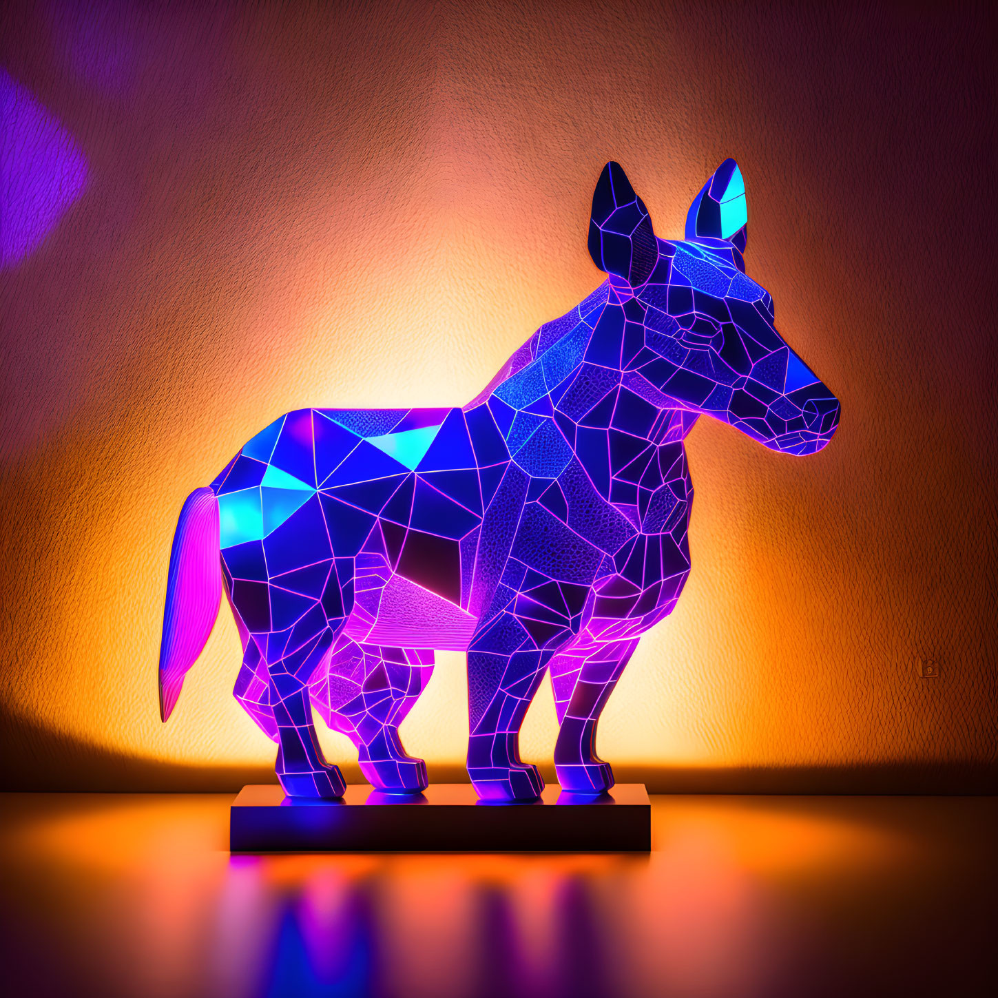 Colorful Geometric Donkey Sculpture with Blue and Purple Lights on Orange Background