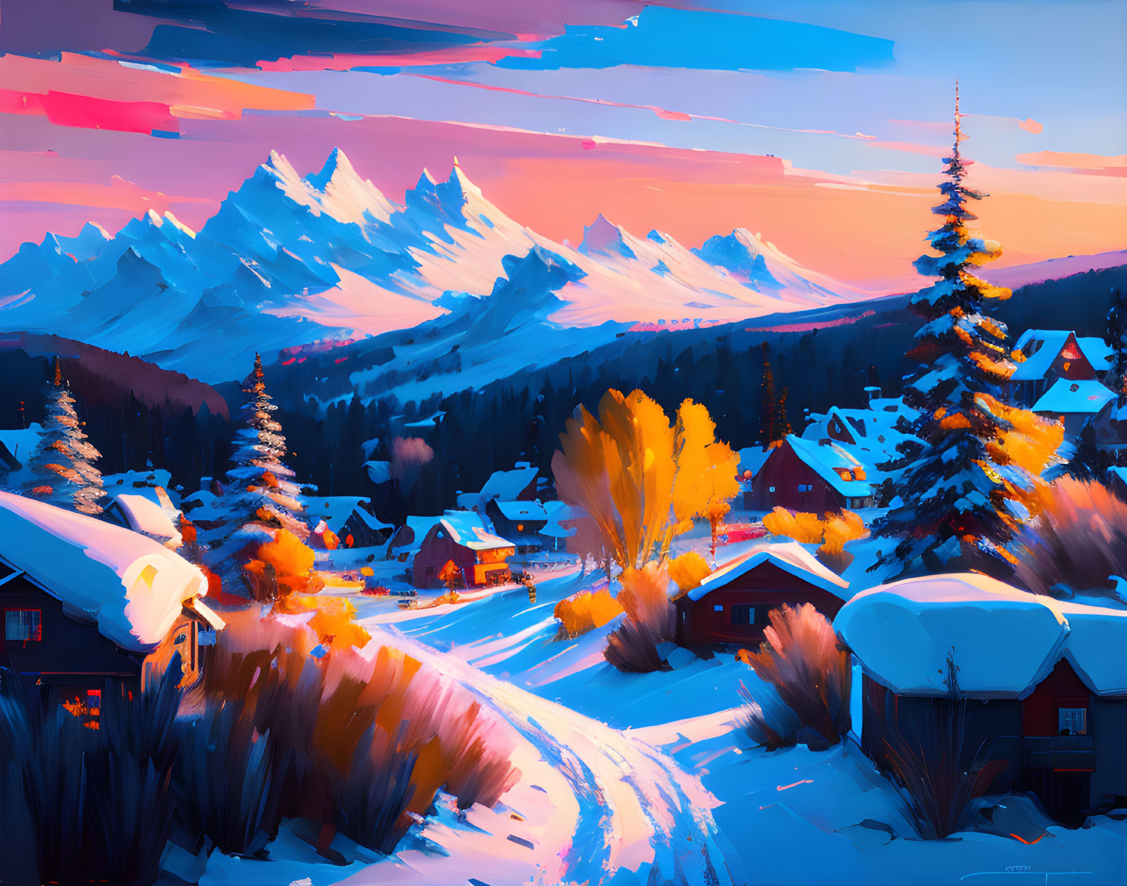 Snow-covered village with mountains and colorful sky at dusk