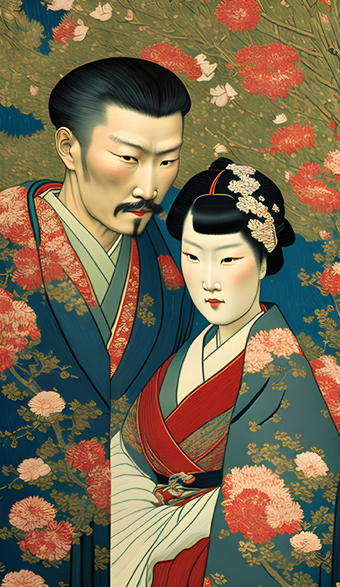 Traditional Japanese Artwork: Man and Woman in Kimonos with Cherry Blossoms