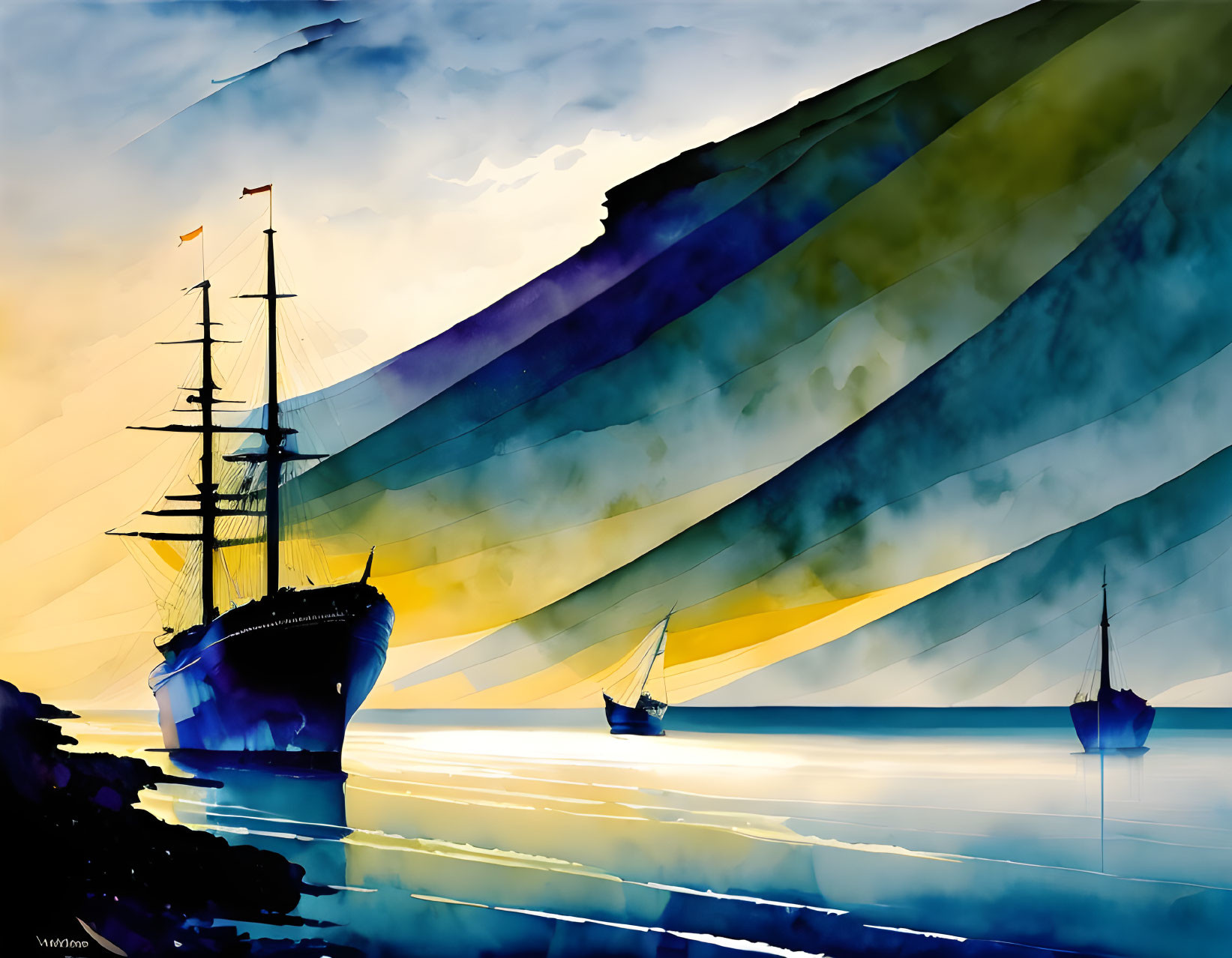 Colorful Ships Painting with Diagonal Bands Reflecting in Water