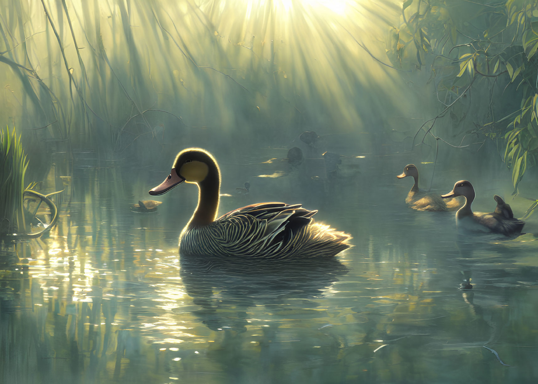 Tranquil pond with ducks, mist, and sunlit greenery