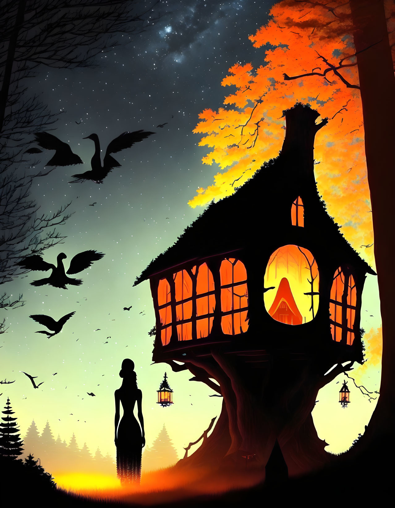 Person holding lantern near glowing treehouse under starry sky with birds