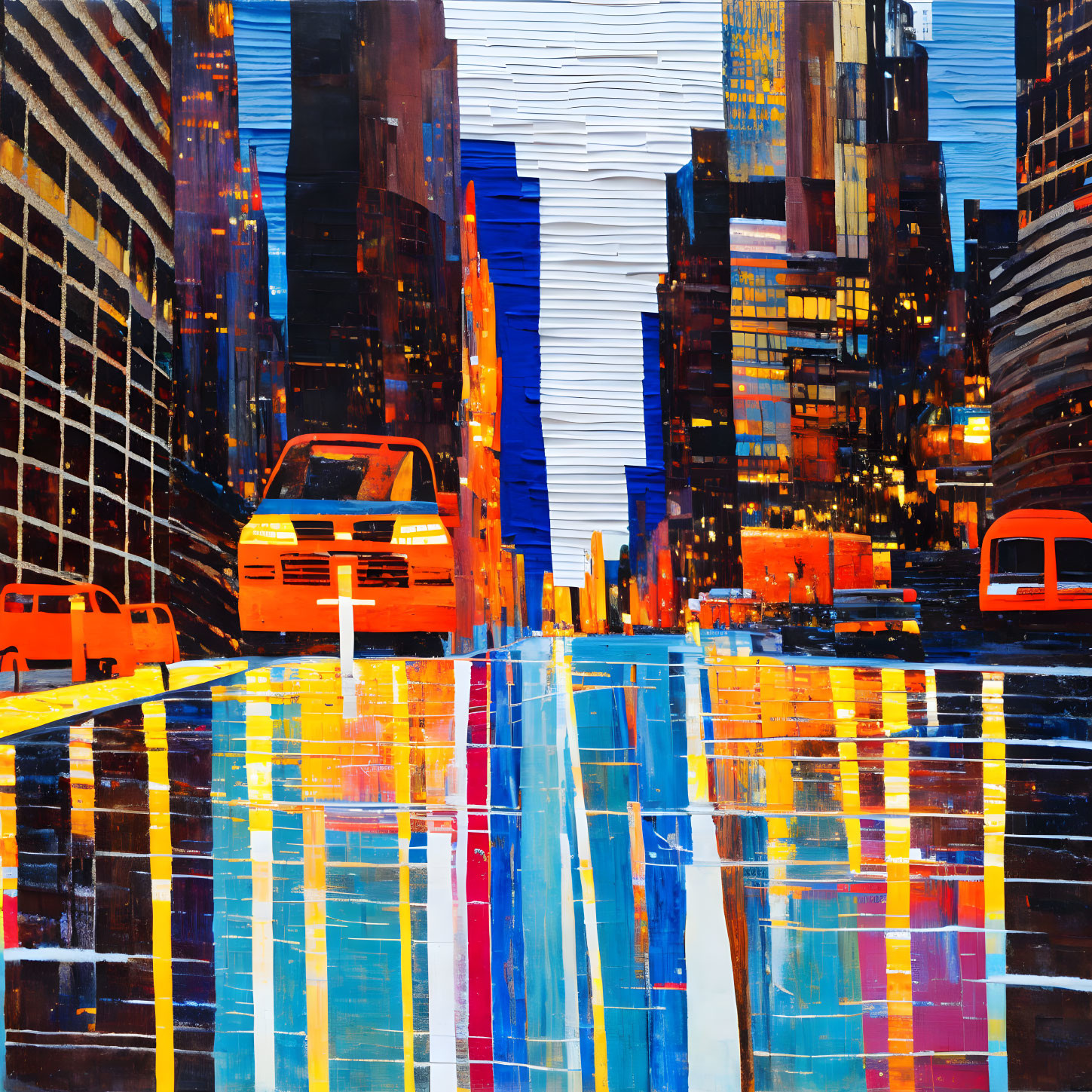 Dynamic Brushstrokes Capture Twilight City Street with Red and Orange Vehicles