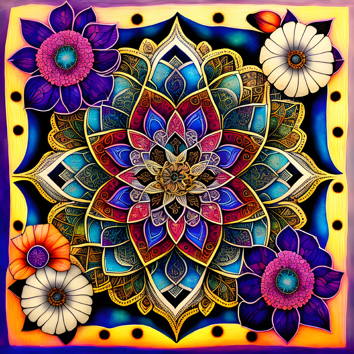 Colorful Symmetrical Mandala with Flowers in Blue, Purple, and Gold