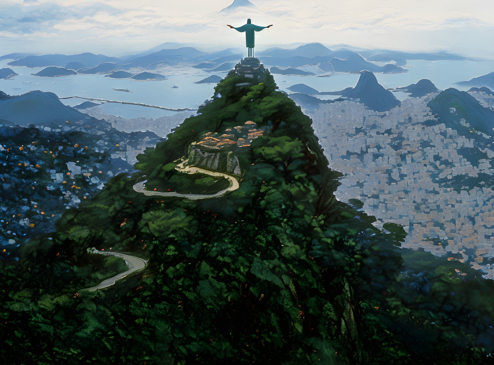 Iconic Christ the Redeemer statue on Corcovado Mountain, Rio de Janeiro cityscape.