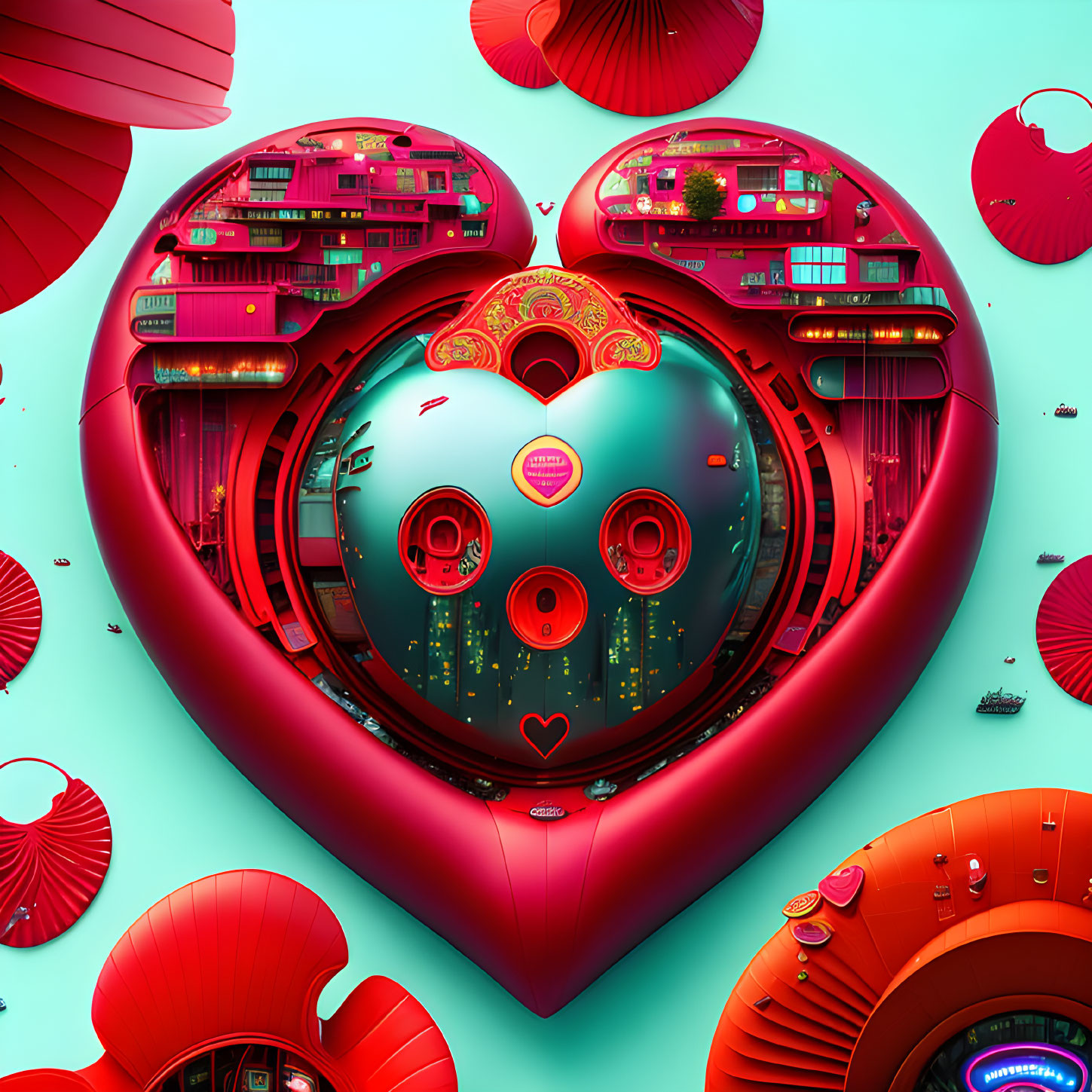 Colorful heart-shaped cityscape with futuristic buildings and neon lights