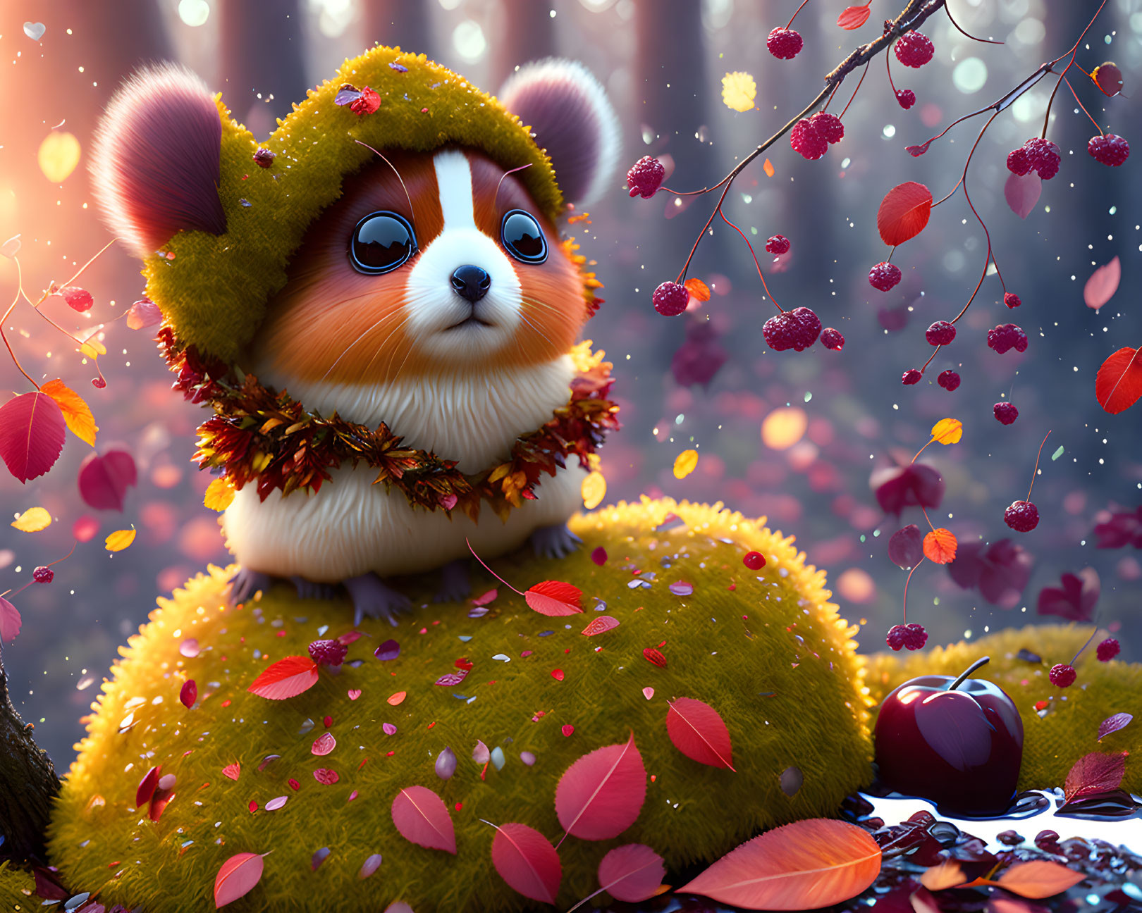 Charming wide-eyed creature in leafy outfit in magical forest