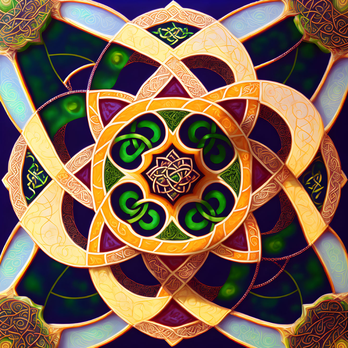 Colorful Celtic Knot Mandala Art in Orange, Gold, and Green