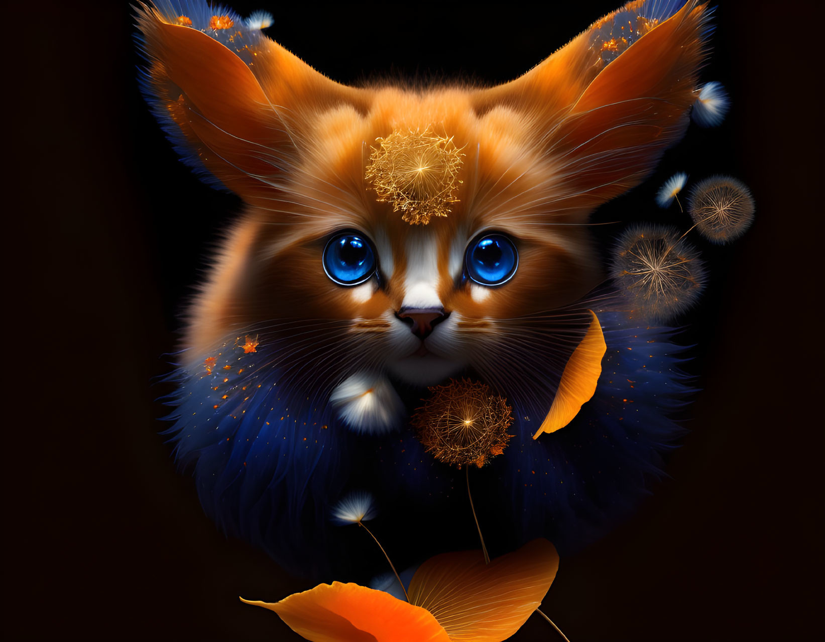 Whimsical cat with blue eyes and autumnal elements on dark backdrop